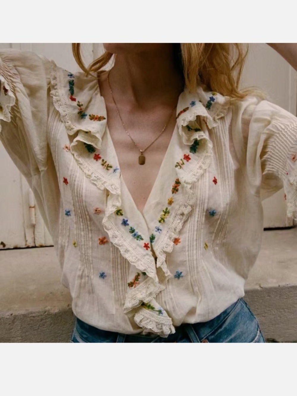 DOEN size M Hettie Embroidered Ruffle Top